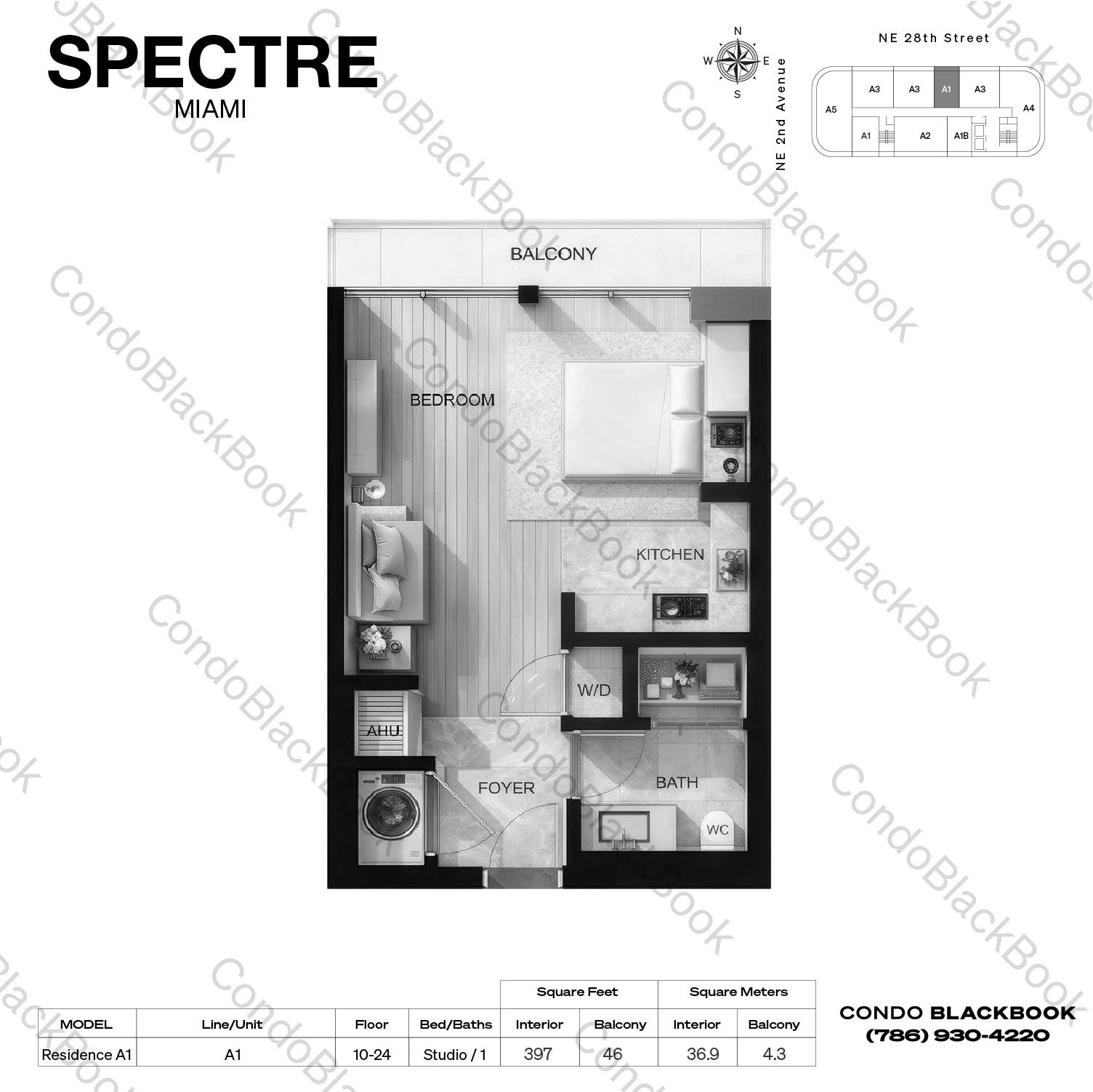 Residence A1 — Studio, 1 Bath (397 SF interior, 46 SF balcony) floor plan