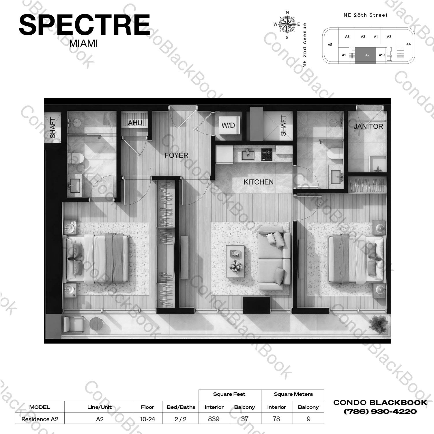 Residence A2 — 2 Bedrooms, 2 Baths (839 SF interior, 37 SF balcony) floor plan