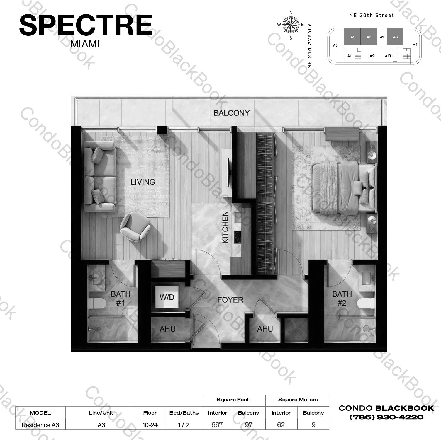 Residence A3 — 1 Bedroom, 2 Baths (667 SF interior, 97 SF balcony) floor plan