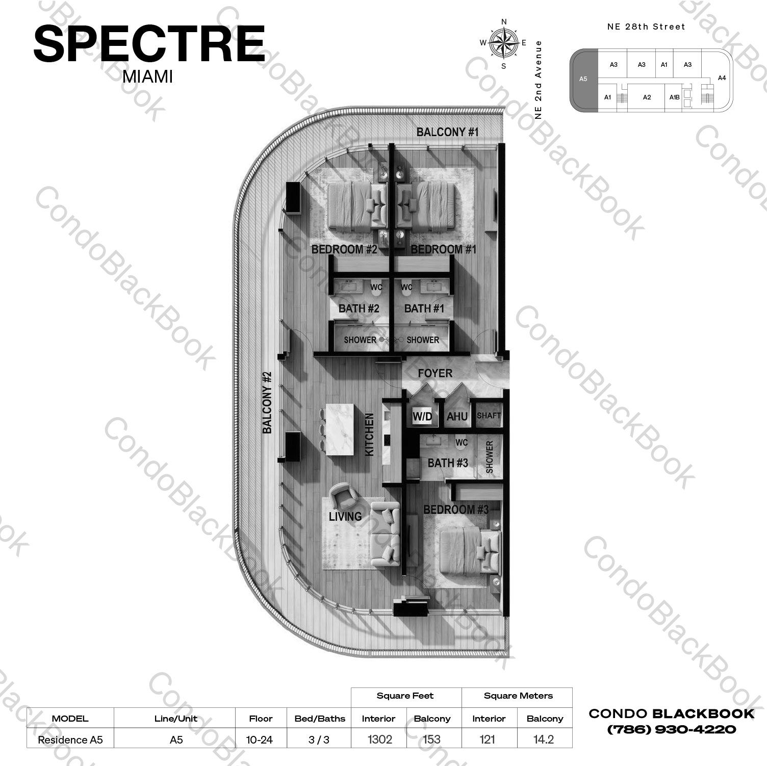 Residence A5 — 3 Bedrooms, 3 Baths (1,302 SF interior, 153 SF balcony) floor plan