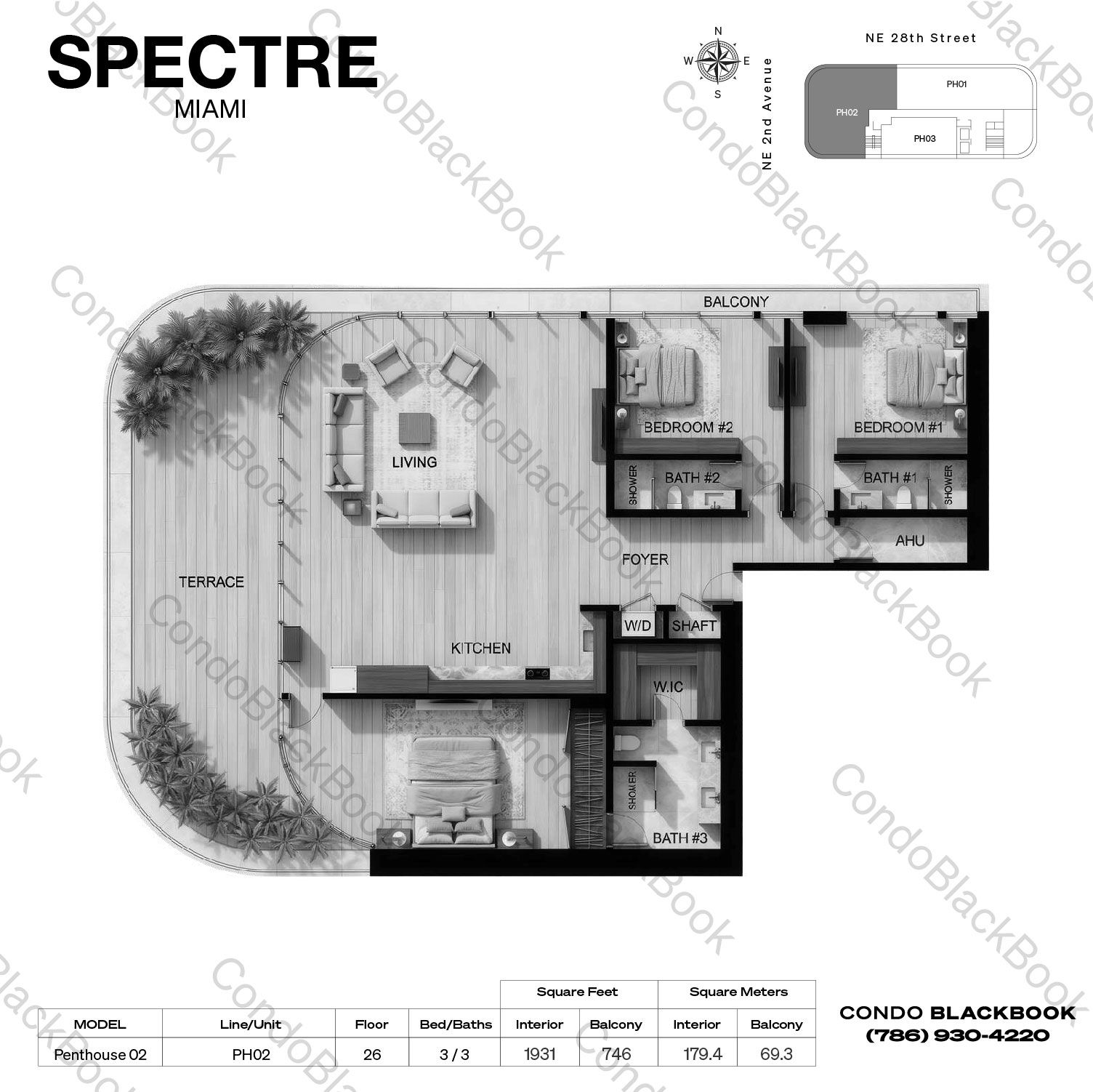 Penthouse 02 — 3 Bedrooms, 3 Baths, floor 26 (1,931 SF interior, 746 SF terrace) floor plan
