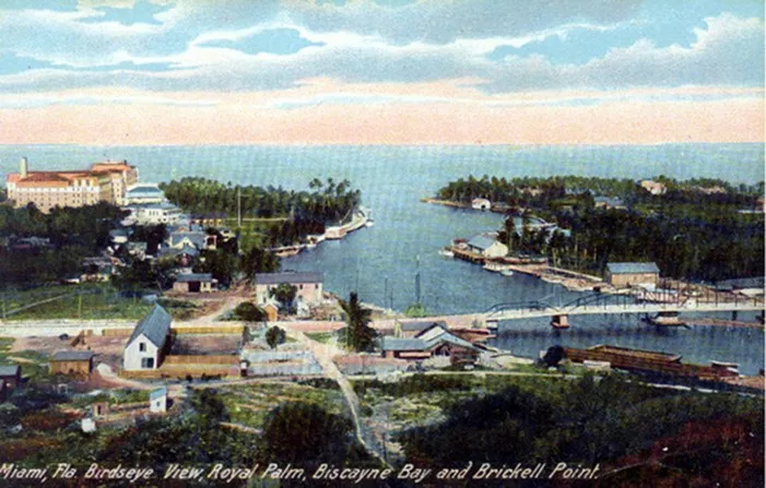 Birdseye view Royal Palm, Biscayne Bay and Brickell Point, Miami, Florida, circa 1900.