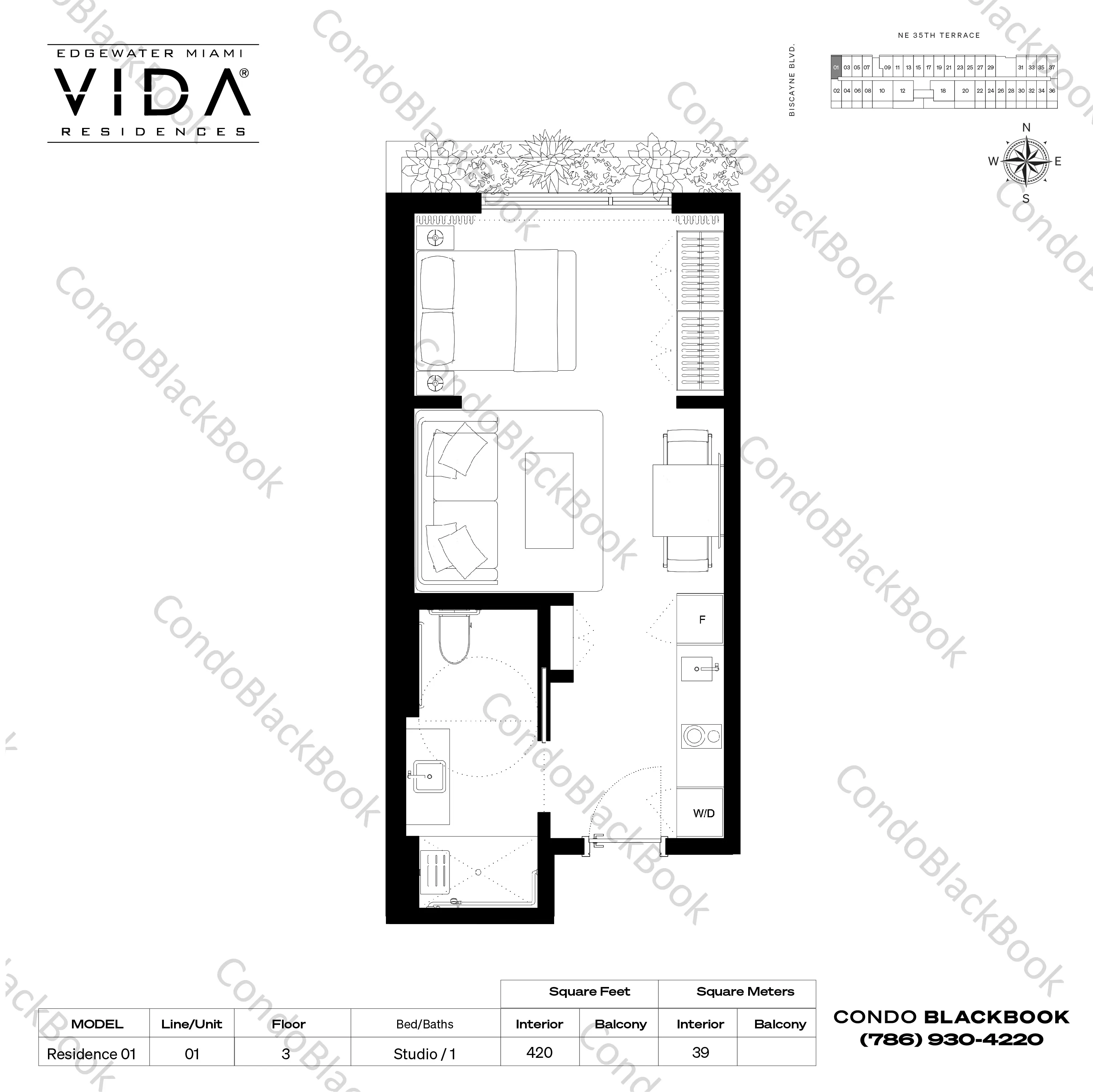 Residence 01 — Studio, 1 Bath (420 SF interior, N/A SF balcony) floor plan