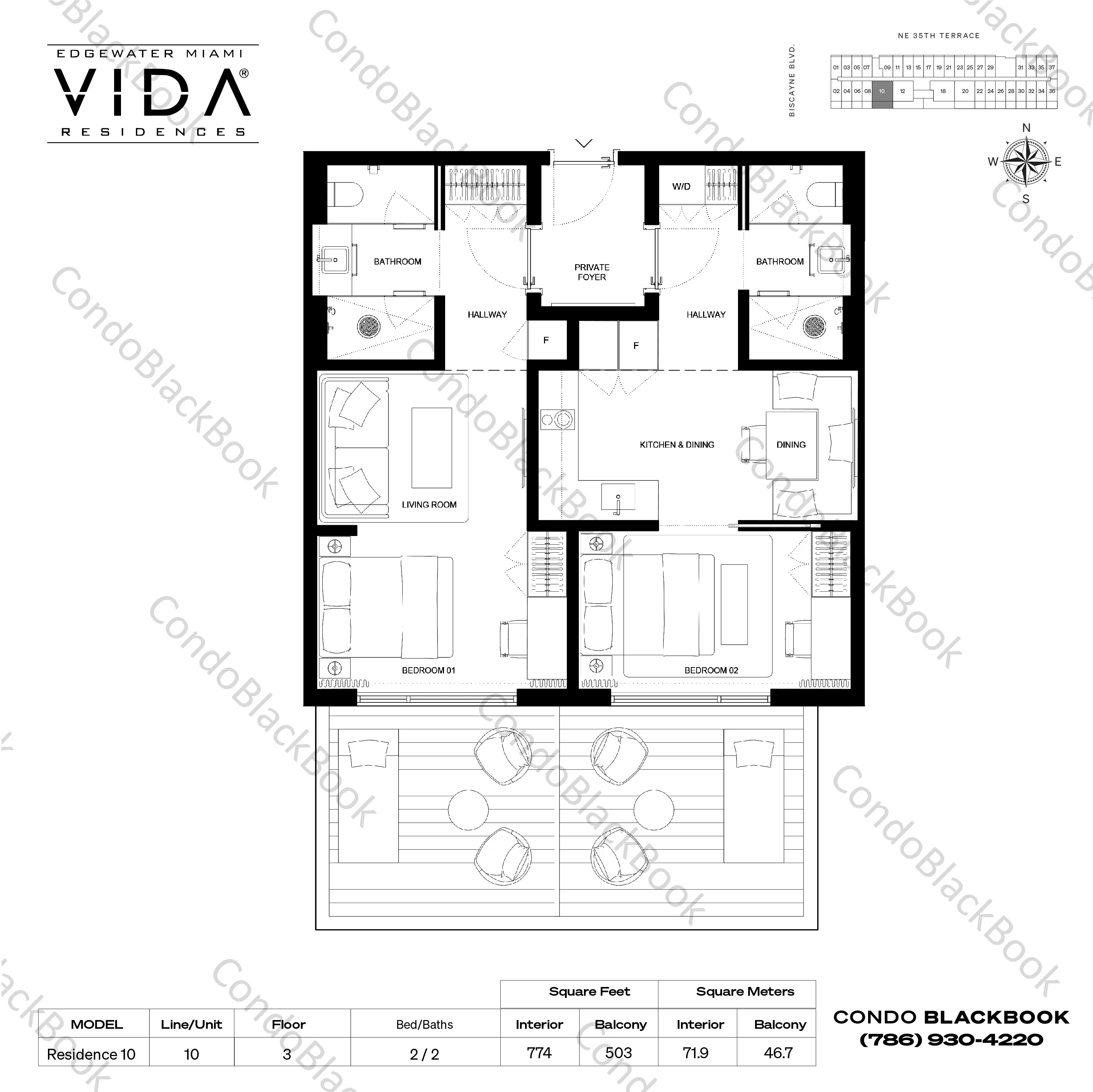 Residence 10 — 2 Bedrooms, 2 Baths (774 SF interior, 503 SF balcony) floor plan