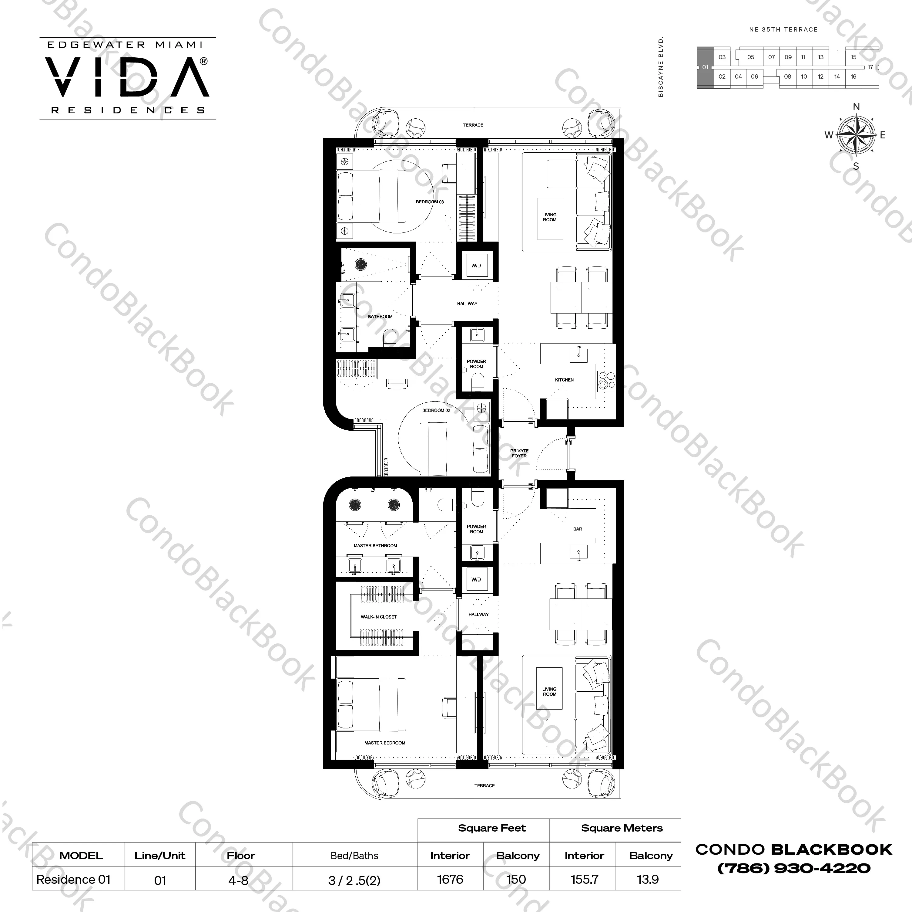 Residence 01 (floors 4–8) — 3 Bedrooms, 2.5 Baths (1,676 SF interior, 150 SF balcony) floor plan
